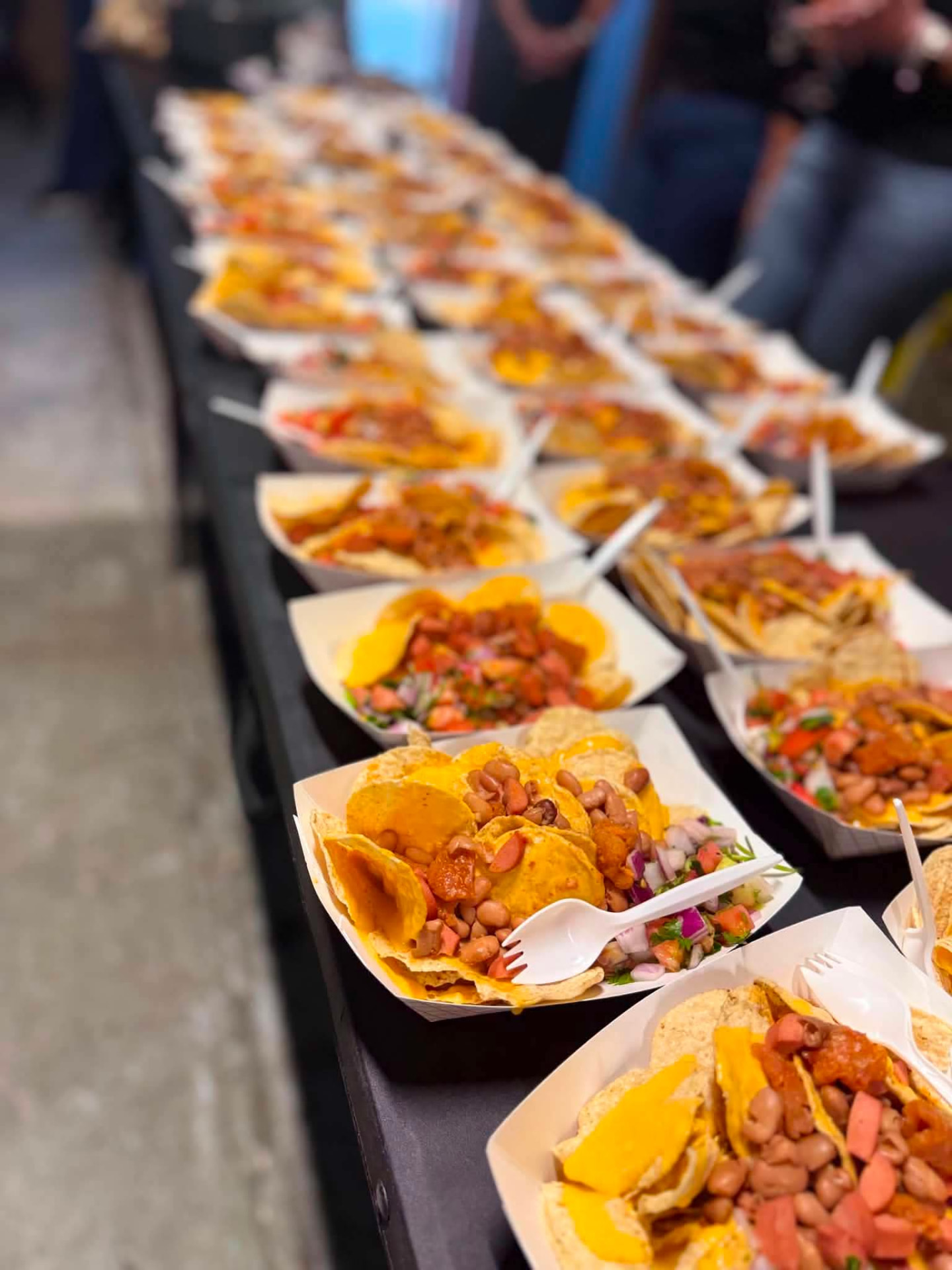 A row of freshly prepared plates ready to be handed out